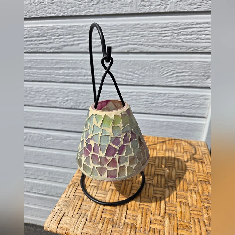 Mosaic Stained Glass Hanging Candle Holders - Multicolor - Set Of 2